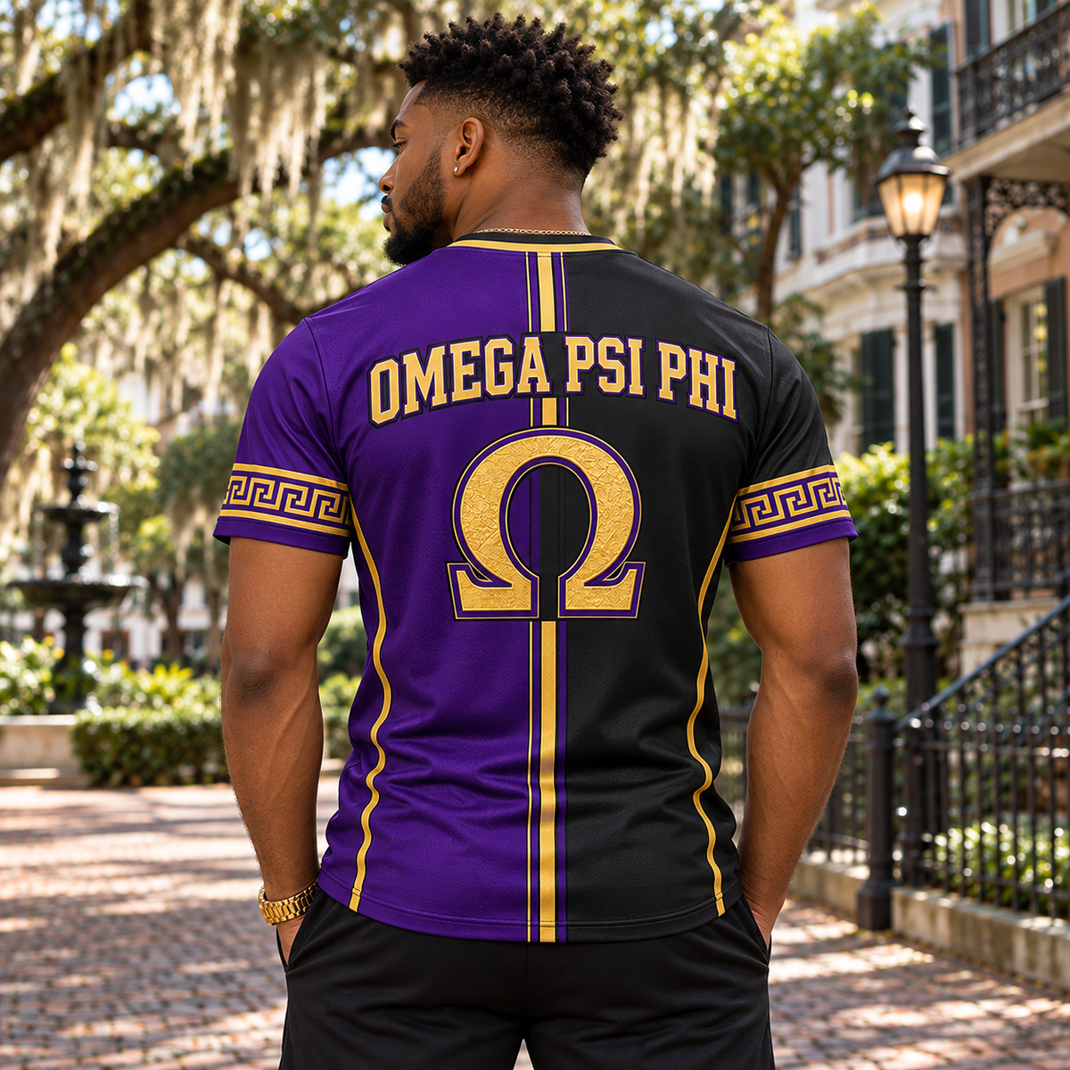 Omega Psi Phi Bulldog Split Purple & Black All-Over T-Shirt