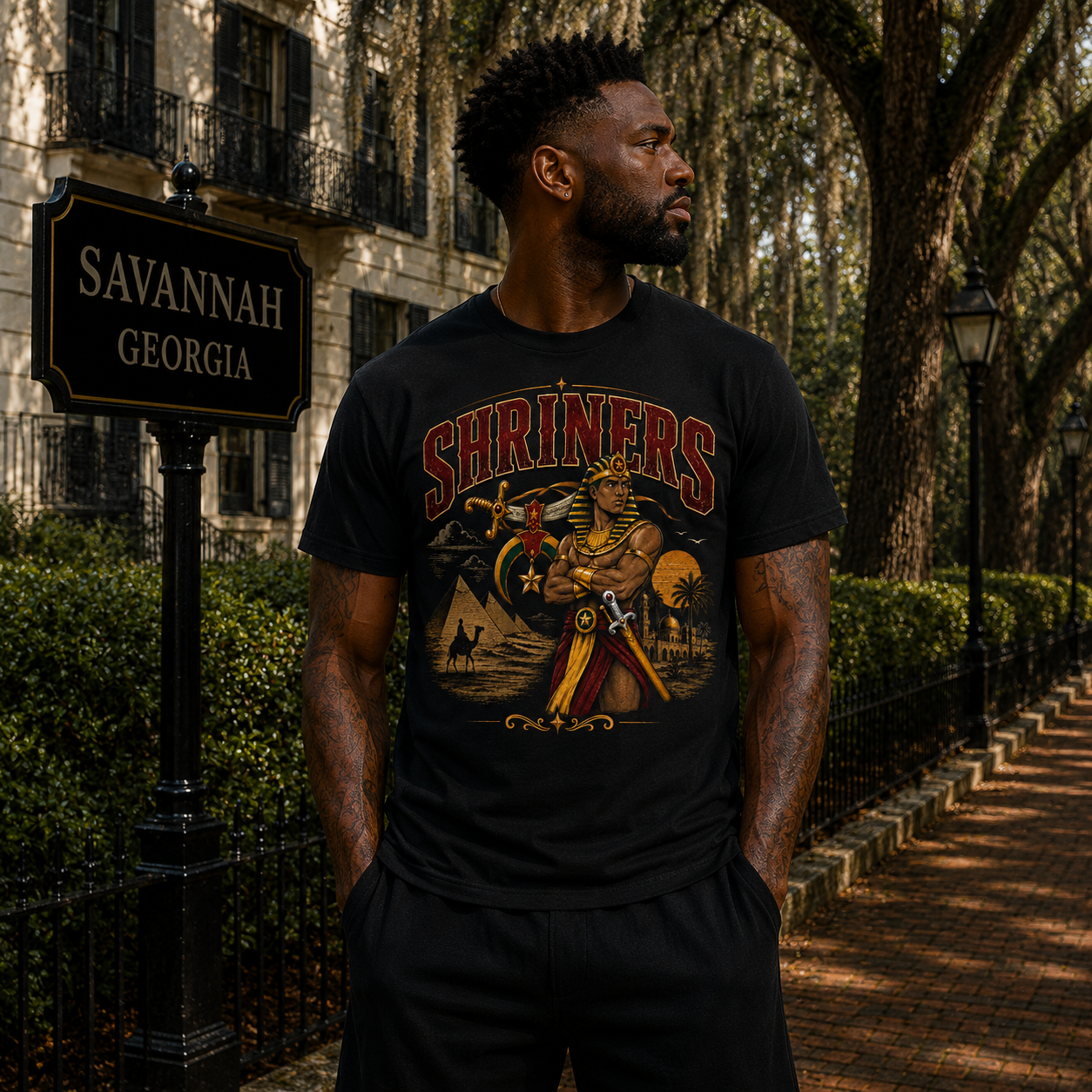 Model wearing the Shriners Egyptian Heritage black T-shirt with vintage desert and pyramid artwork