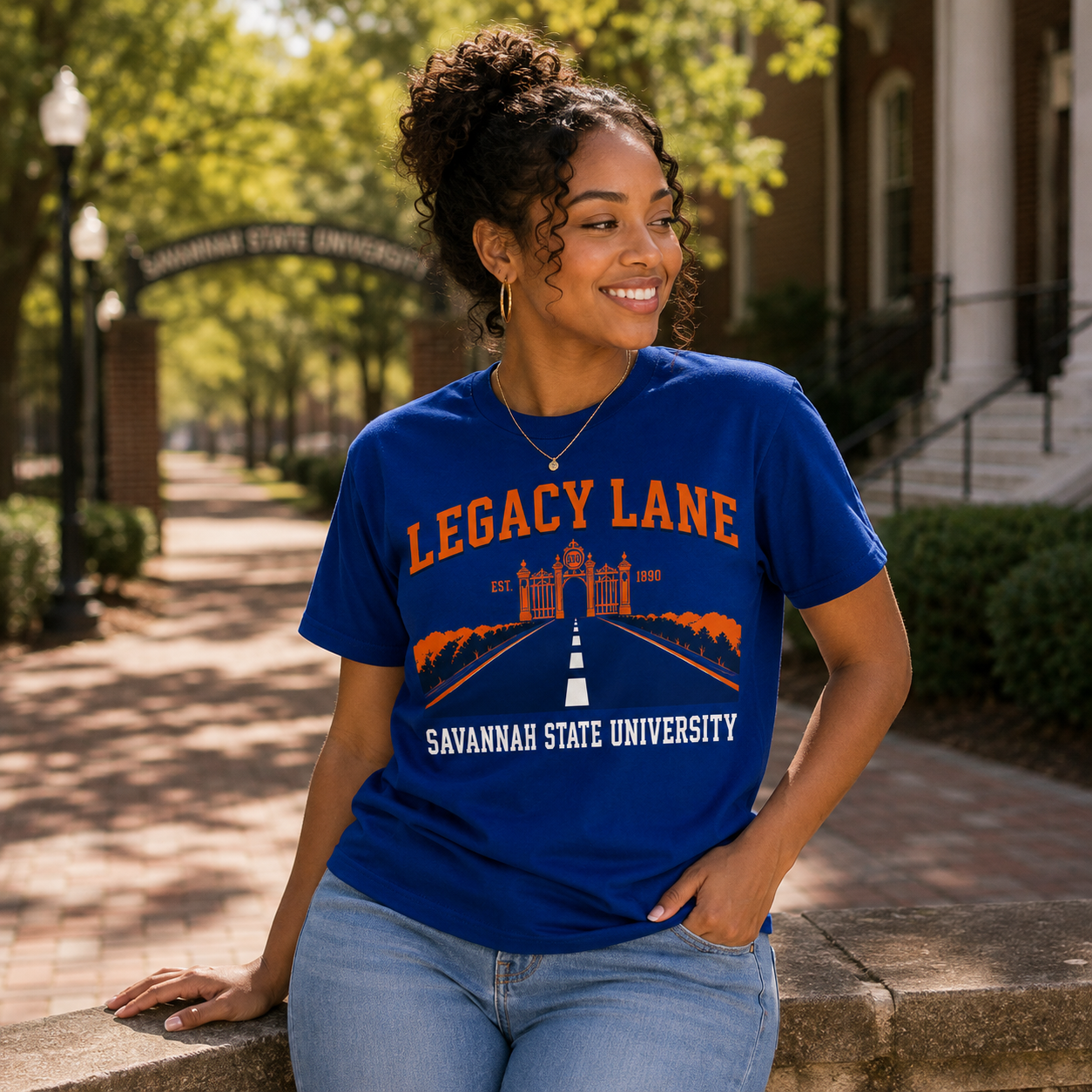 Model wearing the Savannah State Legacy Lane royal blue T-shirt
