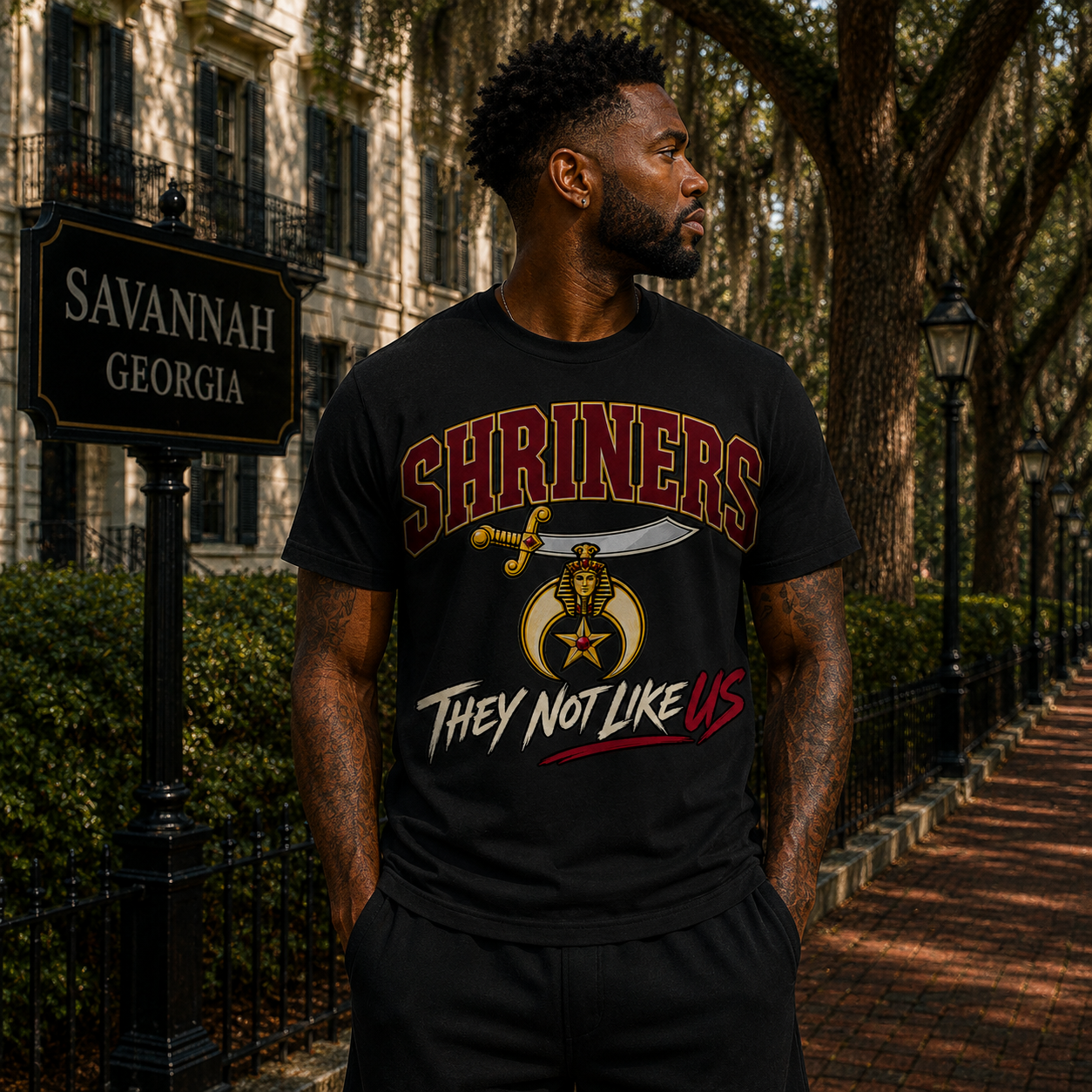 Model wearing the Shriners They Not Like Us black T-shirt with burgundy, gold, and cream graphic