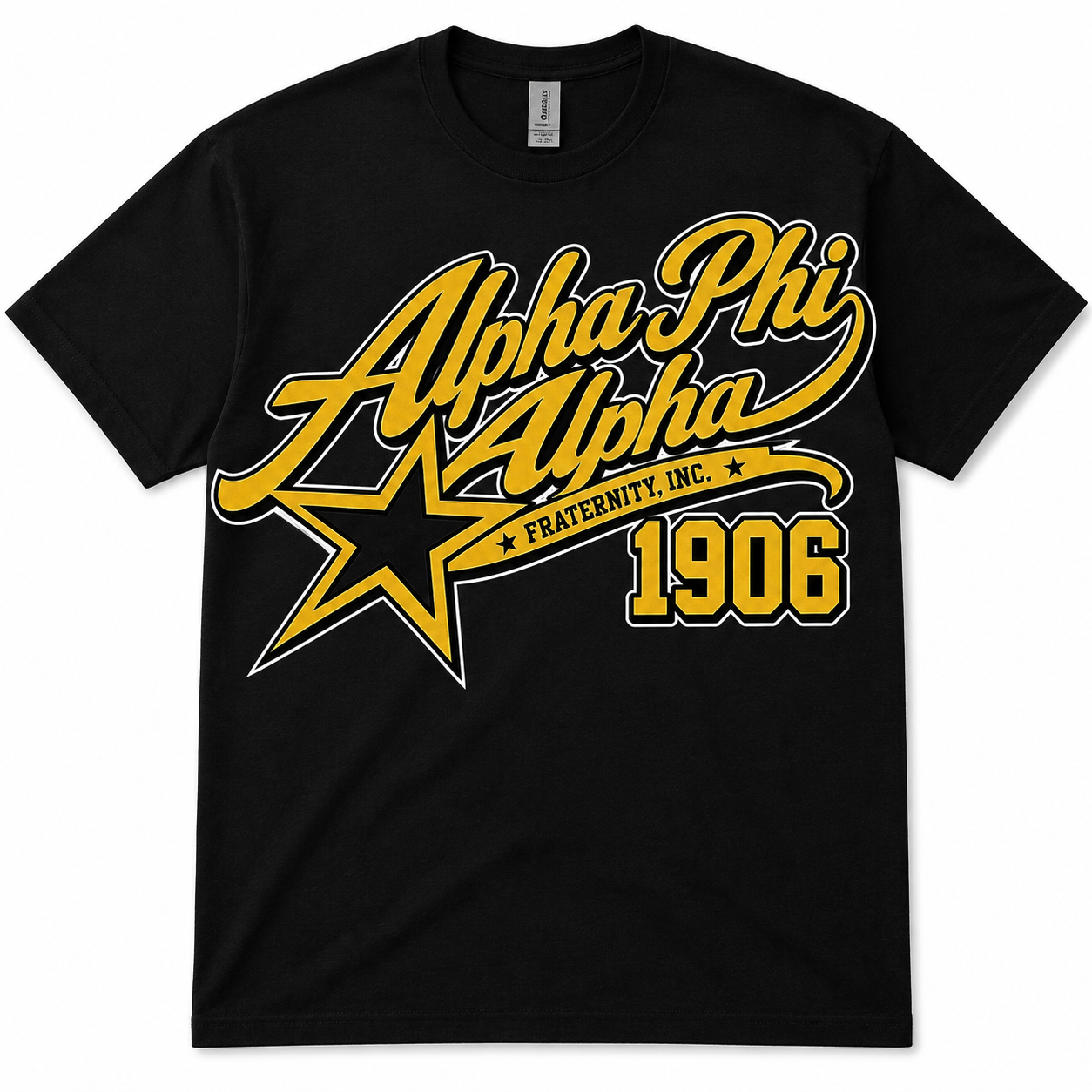 Alpha Phi Alpha Fraternity 1906 black T-shirt with gold script lettering, star graphic, and banner