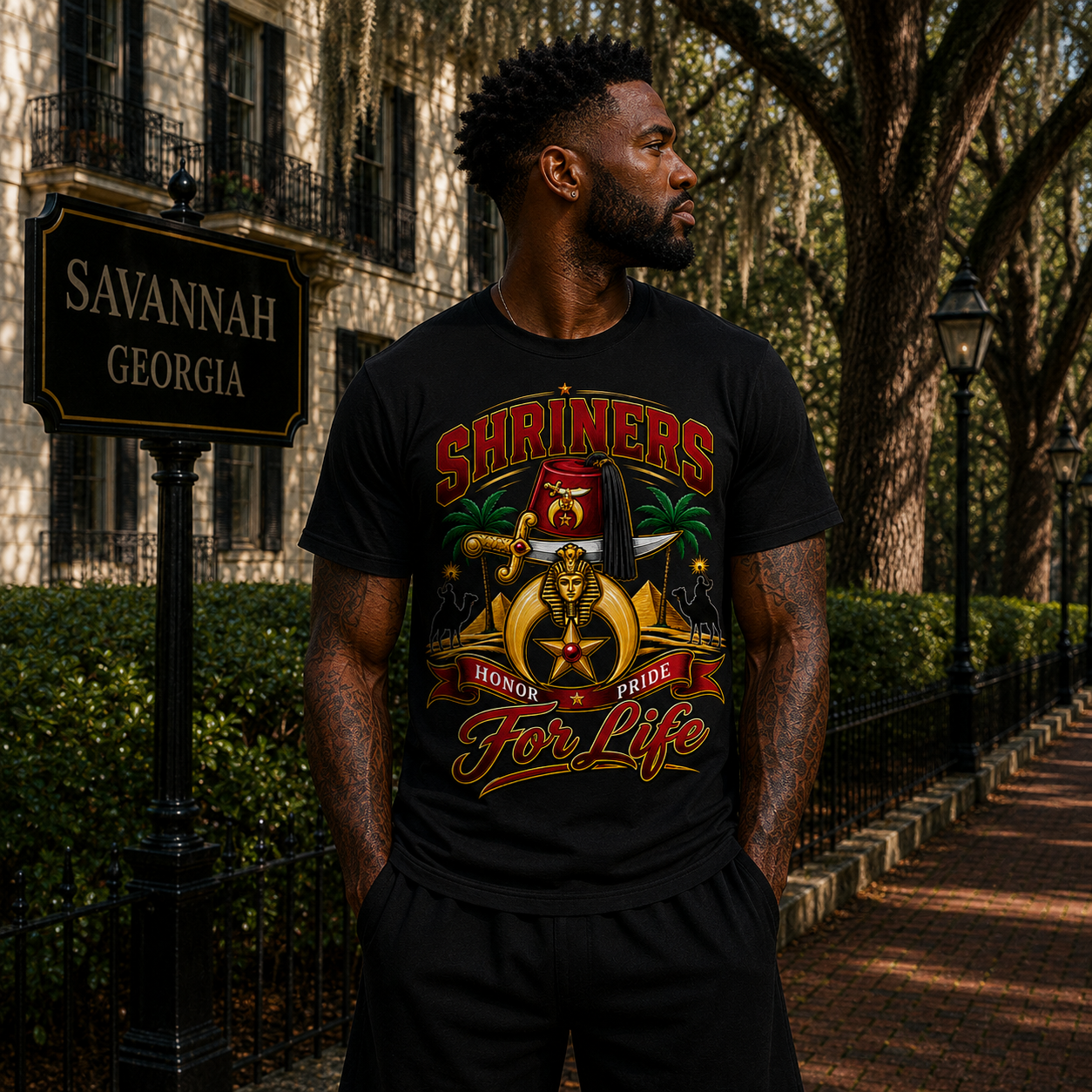 Model wearing the Shriners Honor Pride For Life black T-shirt with colorful heritage artwork
