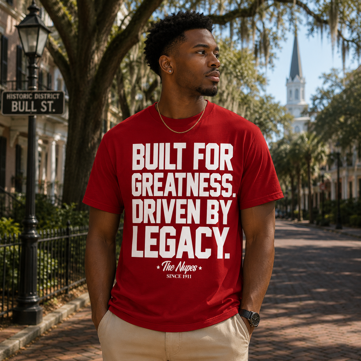 Model wearing the Kappa Alpha Psi Built for Greatness red T-shirt with bold white collegiate lettering