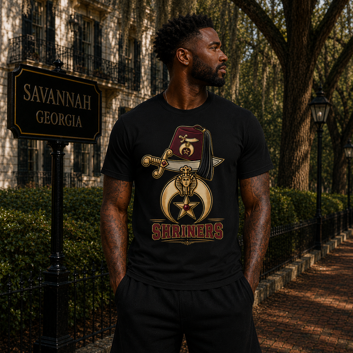 Model wearing the Shriners Noble Legacy black T-shirt with burgundy, gold, cream, and red emblem