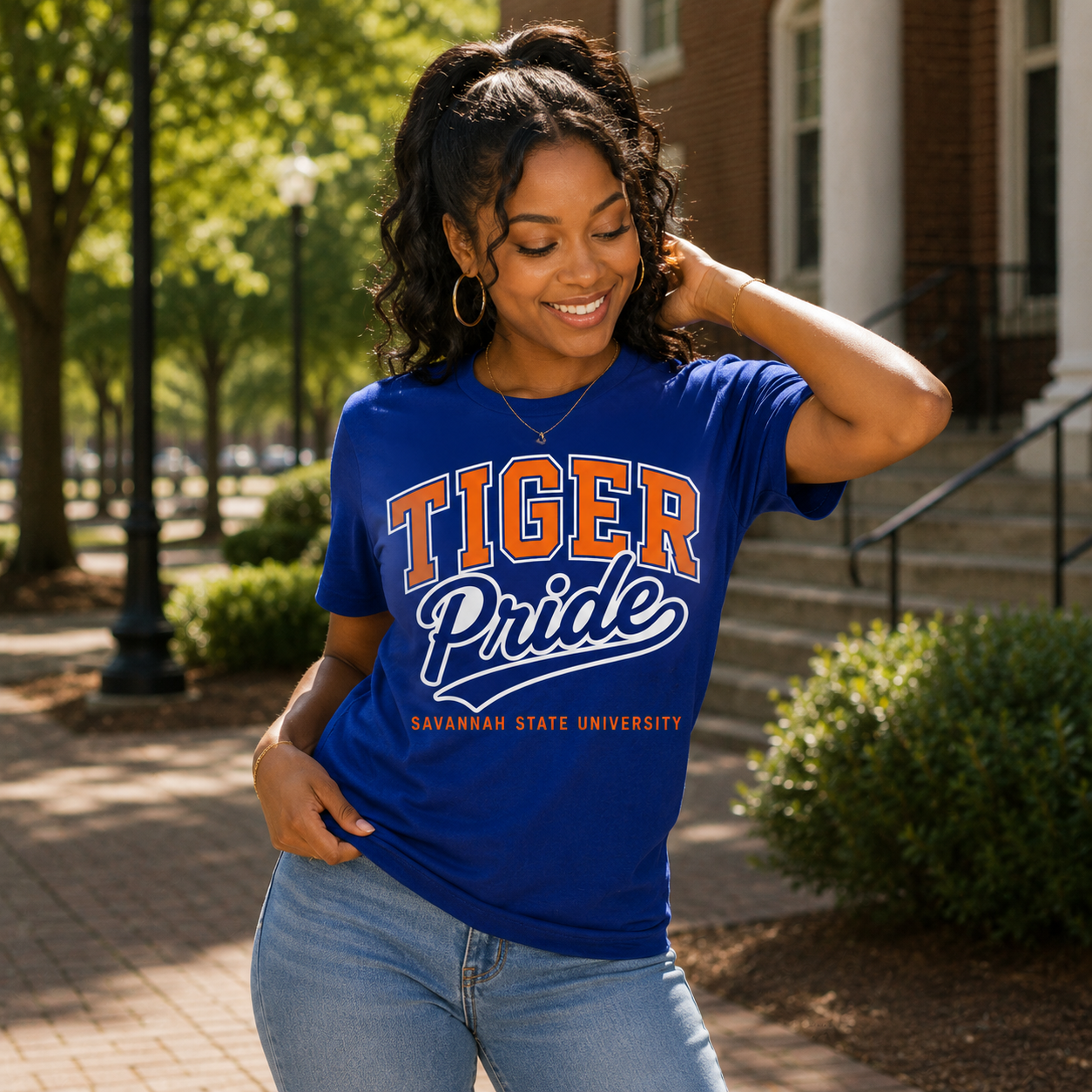 Model wearing the Savannah State Tiger Pride royal blue T-shirt