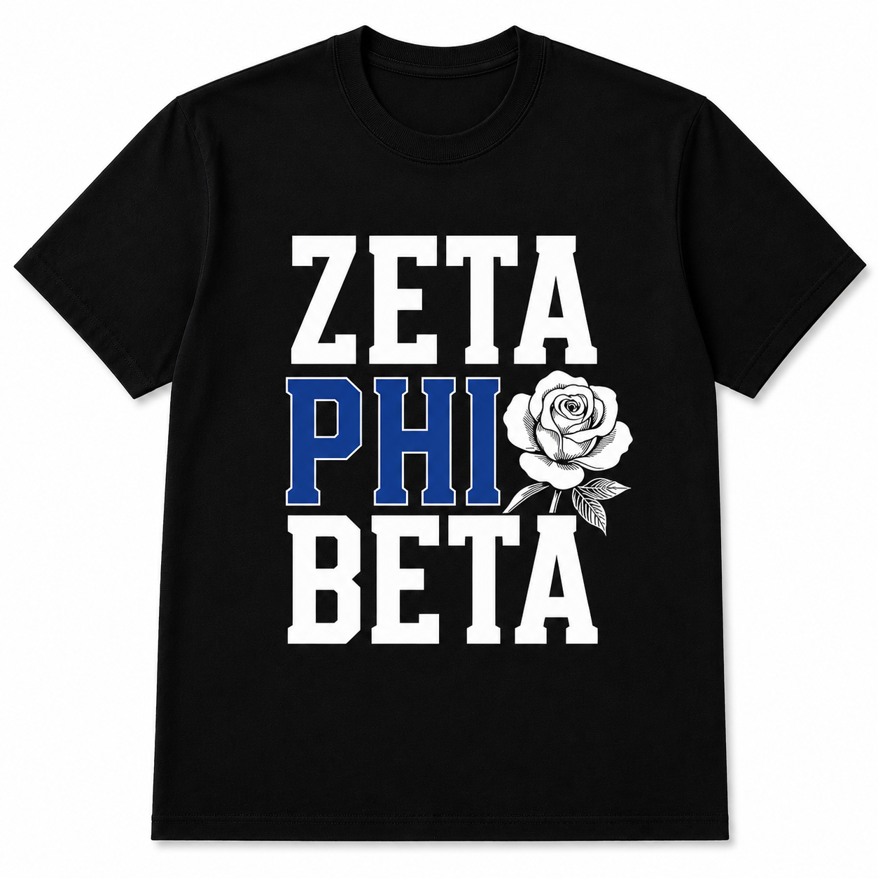 Black Zeta Phi Beta T-shirt with white and royal blue collegiate lettering and detailed rose graphic