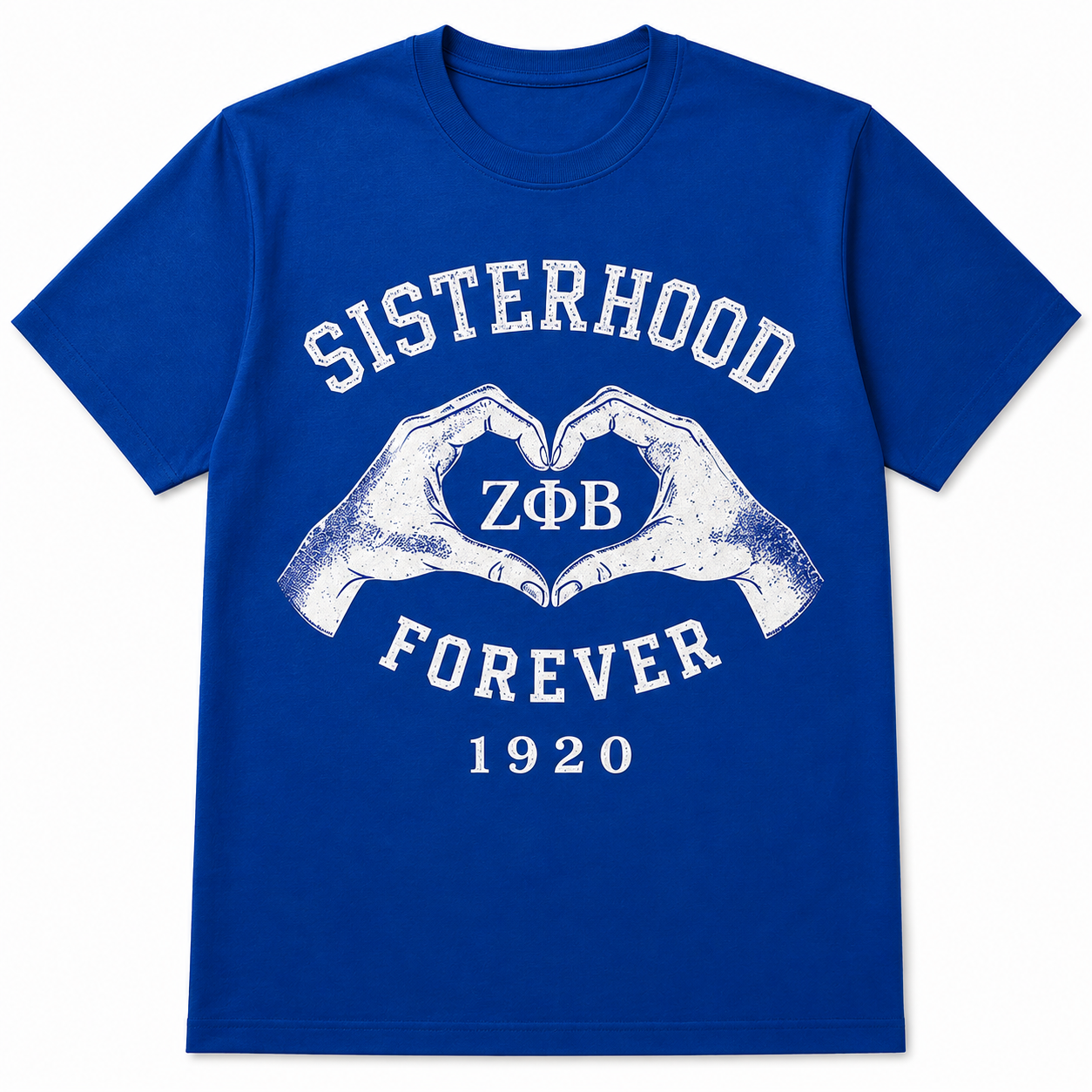 Royal blue Zeta Phi Beta Sisterhood Forever T-shirt with white heart-hands graphic, ZΦB, and 1920