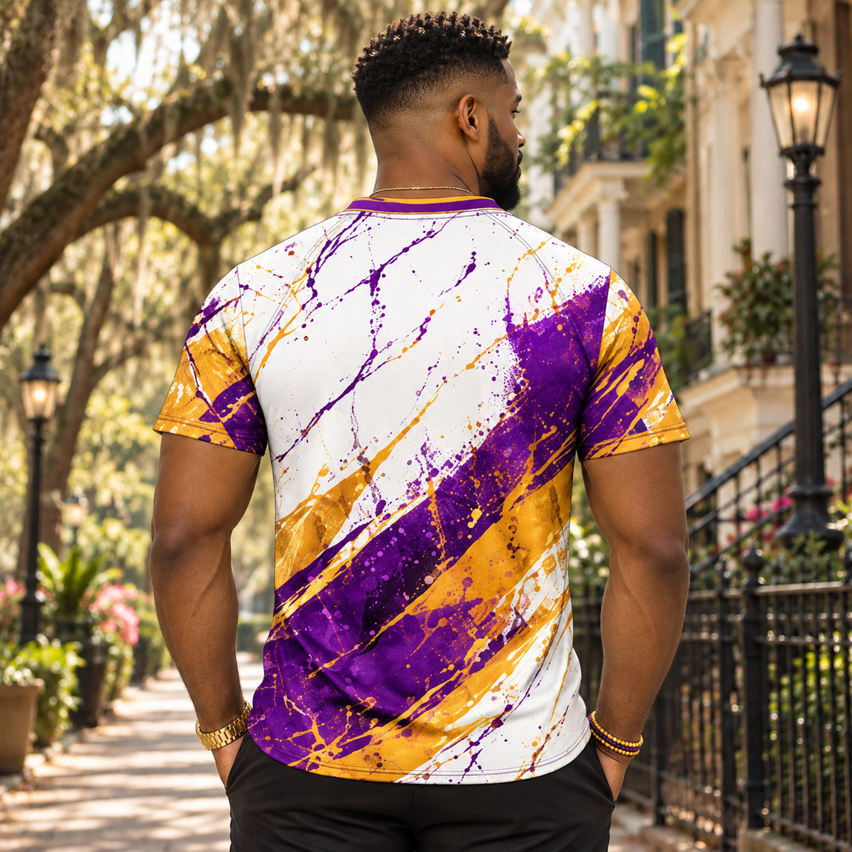Omega Psi Phi Purple & Gold Paint Splash All-Over Shirt
