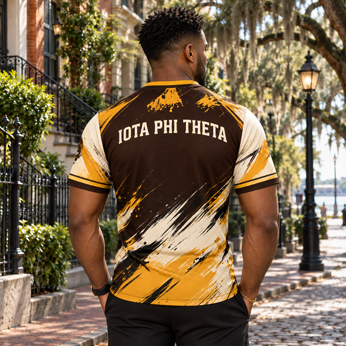 Iota Phi Theta Brown & Gold Brushstroke All-Over T-Shirt