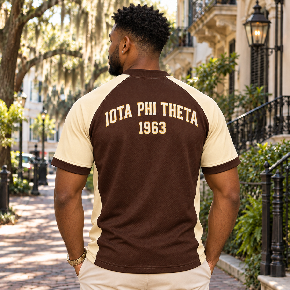 Iota Phi Theta Brown & Cream Henley Baseball All-Over T-Shirt