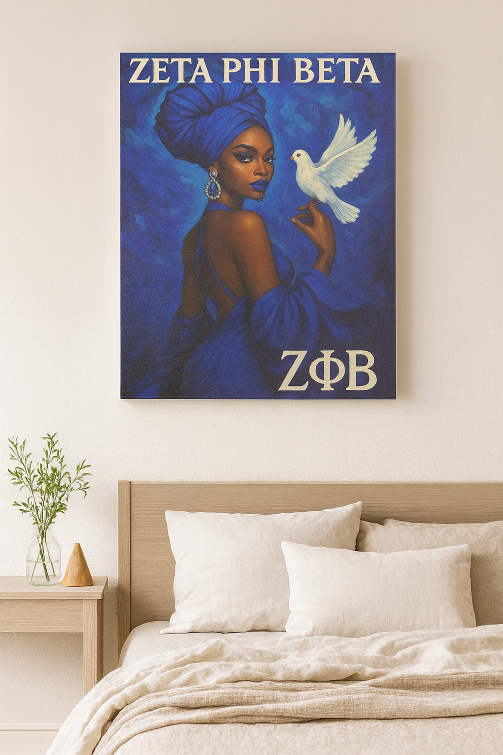 Zeta Phi Beta poster on a wall above a bed with a neutral color scheme.