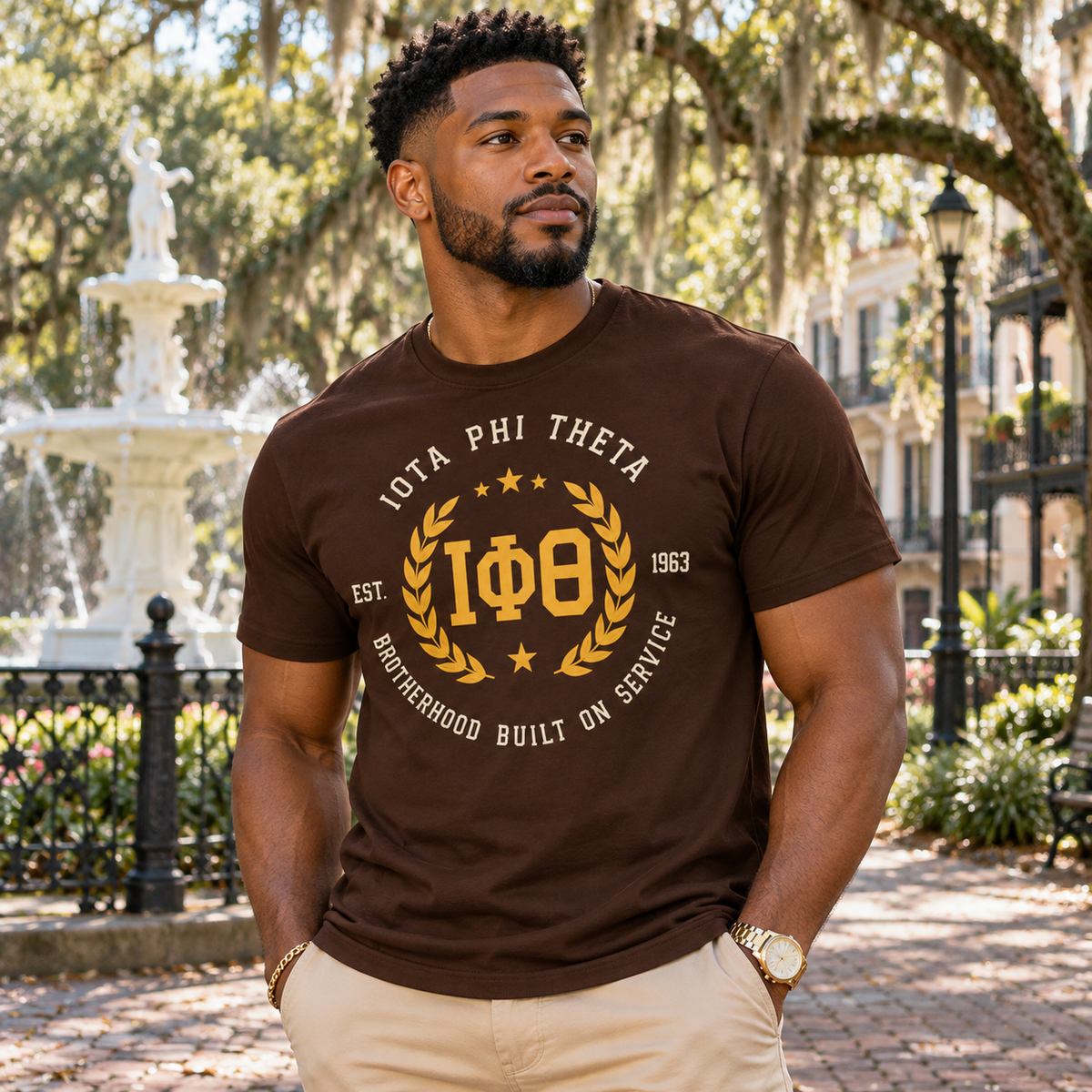 Iota Phi Theta Brotherhood Built on Service Brown T-Shirt