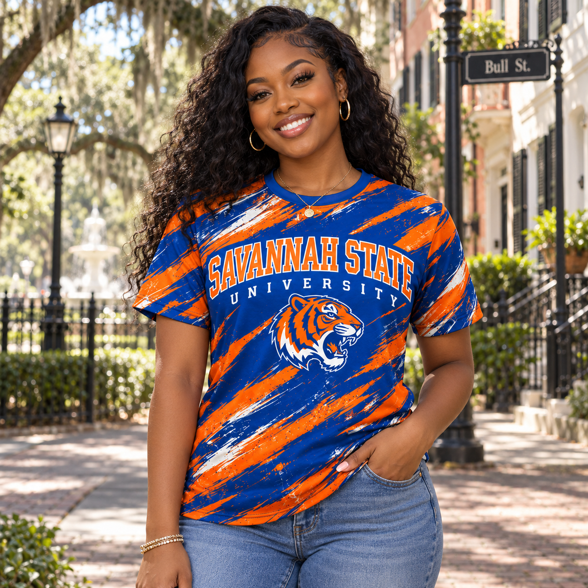 Savannah State University Tigers Blue & Orange All-Over Print T-Shirt