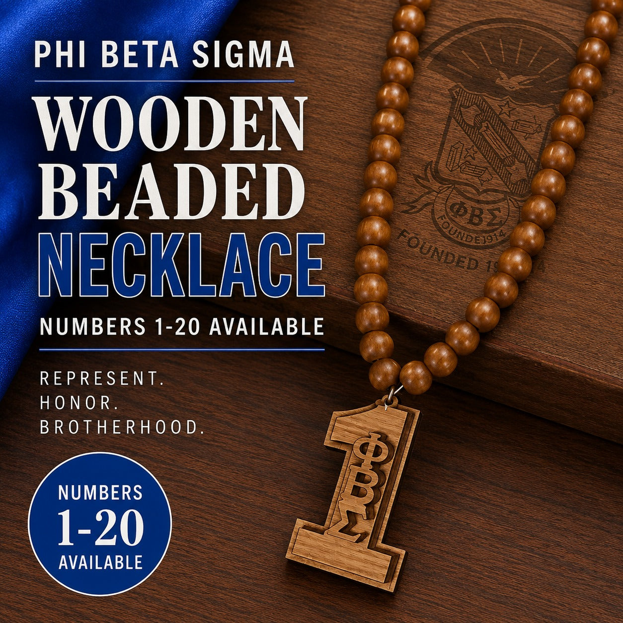 Phi Beta Sigma Wooden Beaded Necklace with Custom Number Pendant