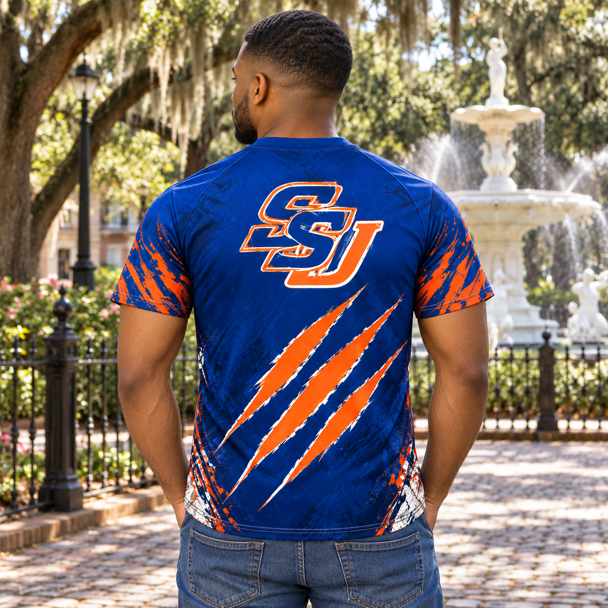 Savannah State University Tigers Blue & Orange All-Over Print T-Shirt