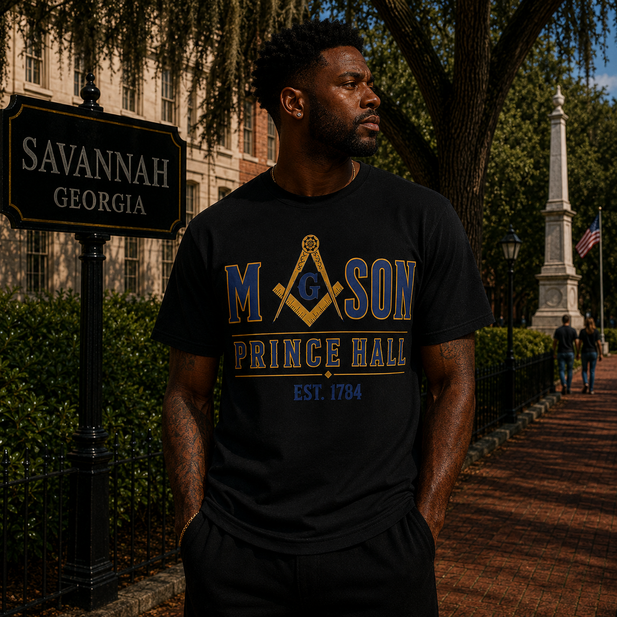 Male model in Savannah wearing the Prince Hall Mason Est. 1784 black T-shirt