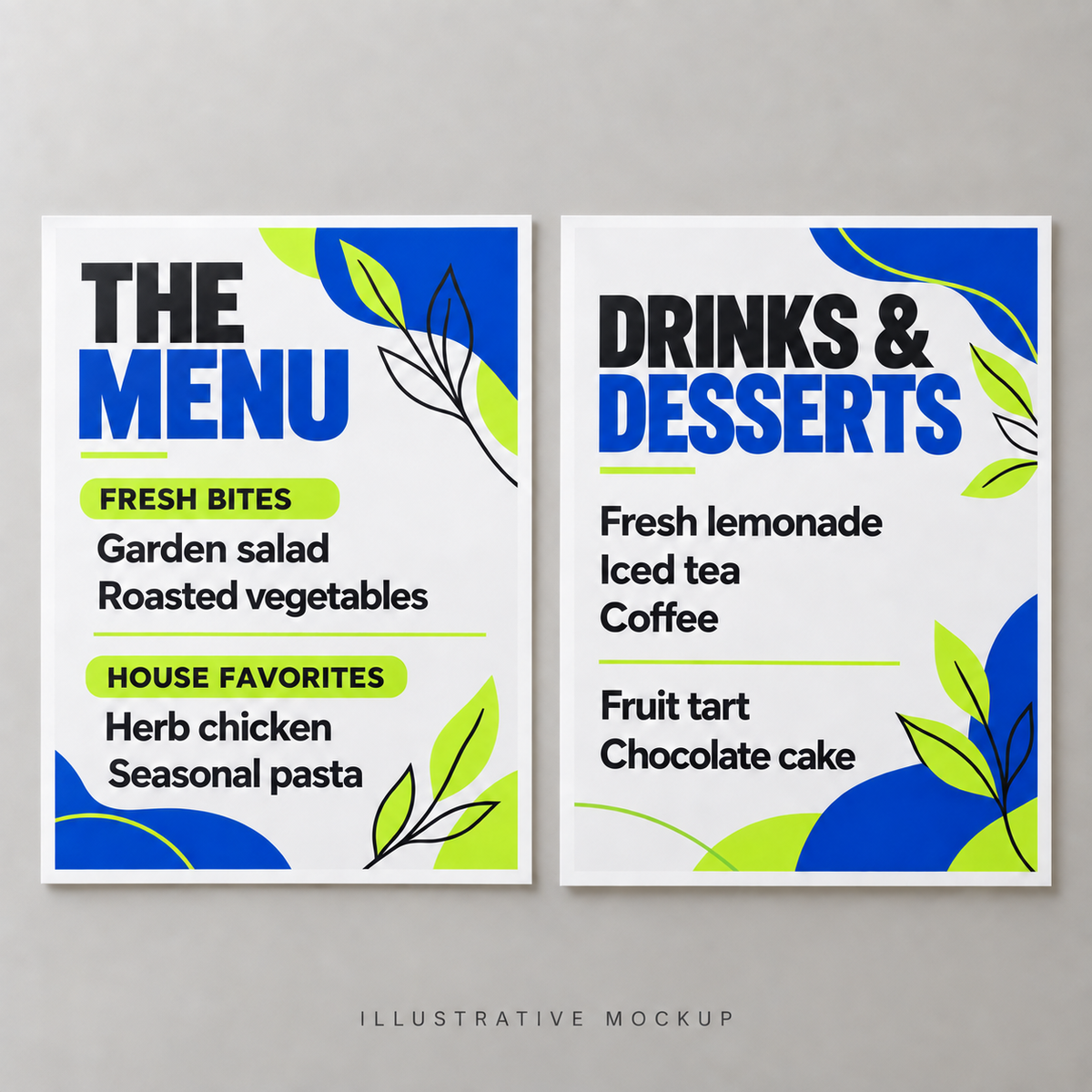 Illustrative mockup showing food and drinks sides of a flat menu with white borders and blue and lime artwork.