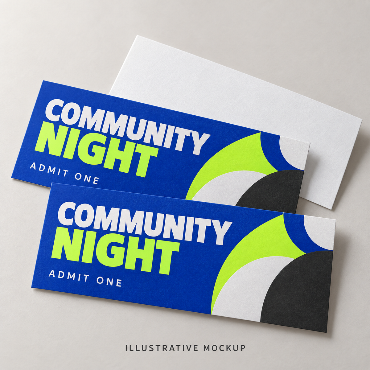Illustrative mockup of blue and lime event tickets with straight edges, blank backs, and no numbering or perforations.