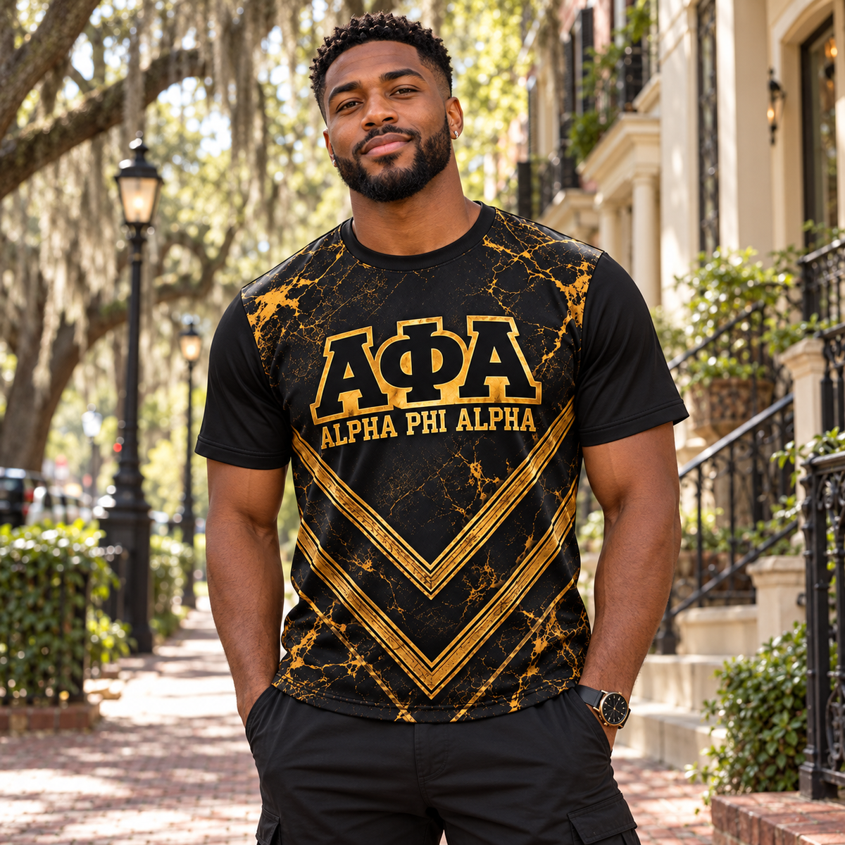 Alpha Phi Alpha Black & Gold Crest All-Over Print T-Shirt