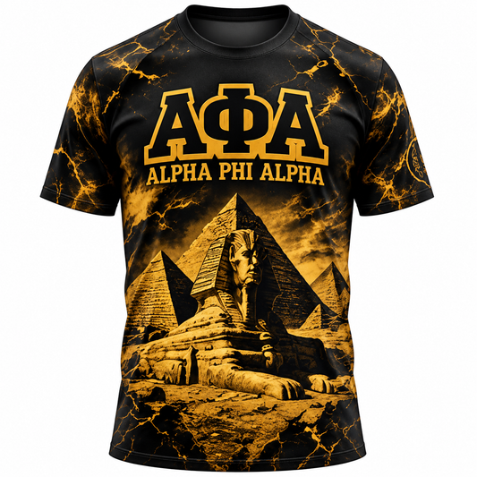 Alpha Phi Alpha Sphinx & Pyramids Black Gold All-Over Print T-Shirt