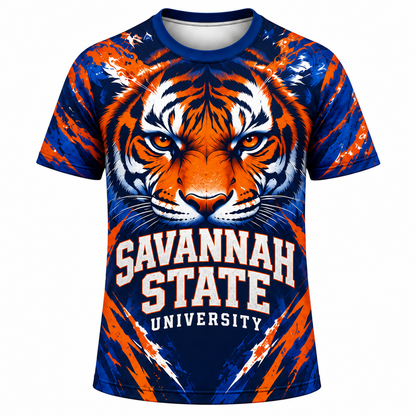 Savannah State University Tigers Face Blue & Orange All-Over Print T-Shirt
