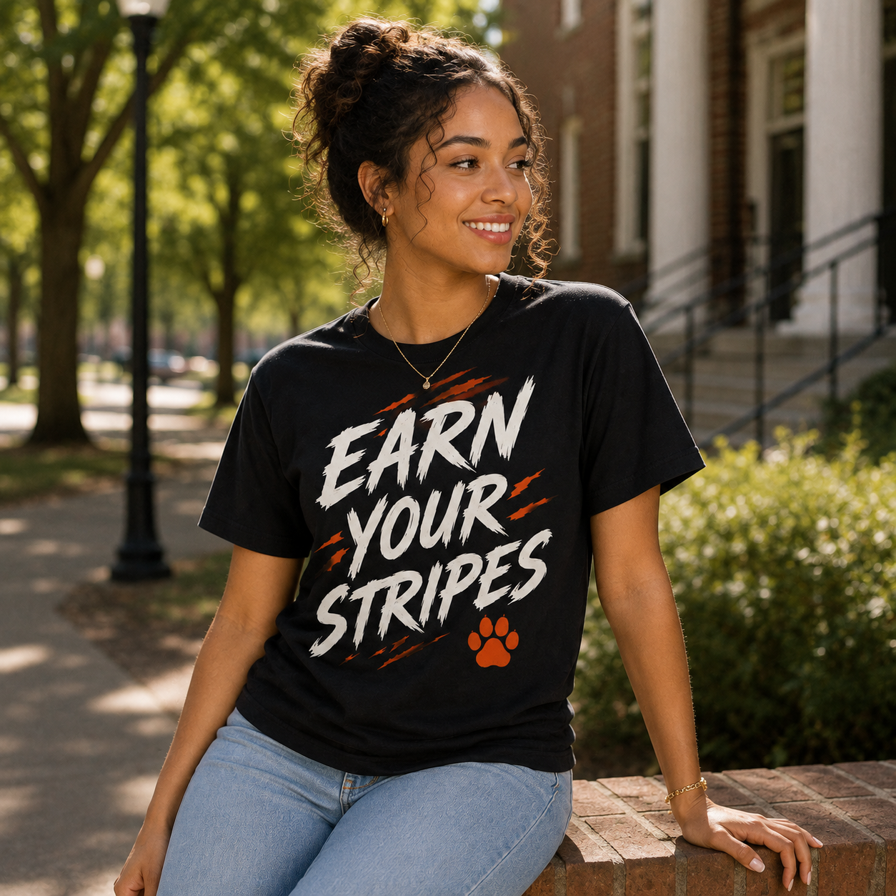 Model wearing the Earn Your Stripes black graphic T-shirt