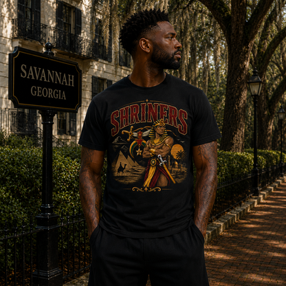 Model wearing the Shriners Egyptian Heritage black T-shirt with vintage desert and pyramid artwork