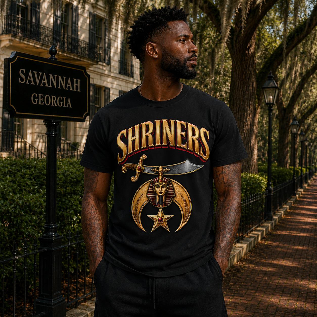 Model wearing the Shriners Scimitar Pharaoh black T-shirt with gold, red, and silver artwork
