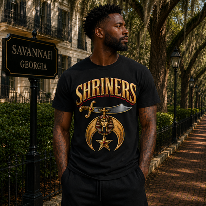 Model wearing the Shriners Scimitar Pharaoh black T-shirt with gold, red, and silver artwork