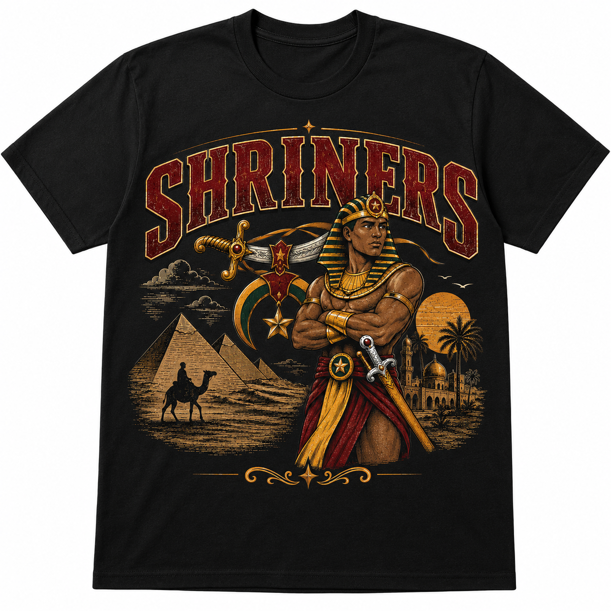 Shriners Egyptian Heritage black T-shirt with large red SHRINERS lettering, Egyptian warrior, sword, crescent, star, pyramids, and desert artwork