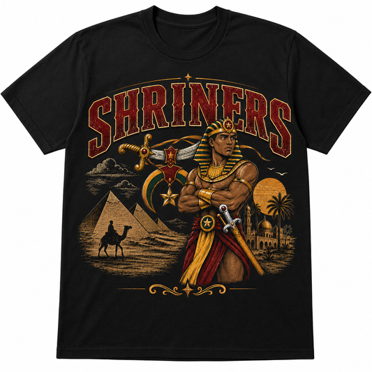 Shriners Egyptian Heritage black T-shirt with large red SHRINERS lettering, Egyptian warrior, sword, crescent, star, pyramids, and desert artwork