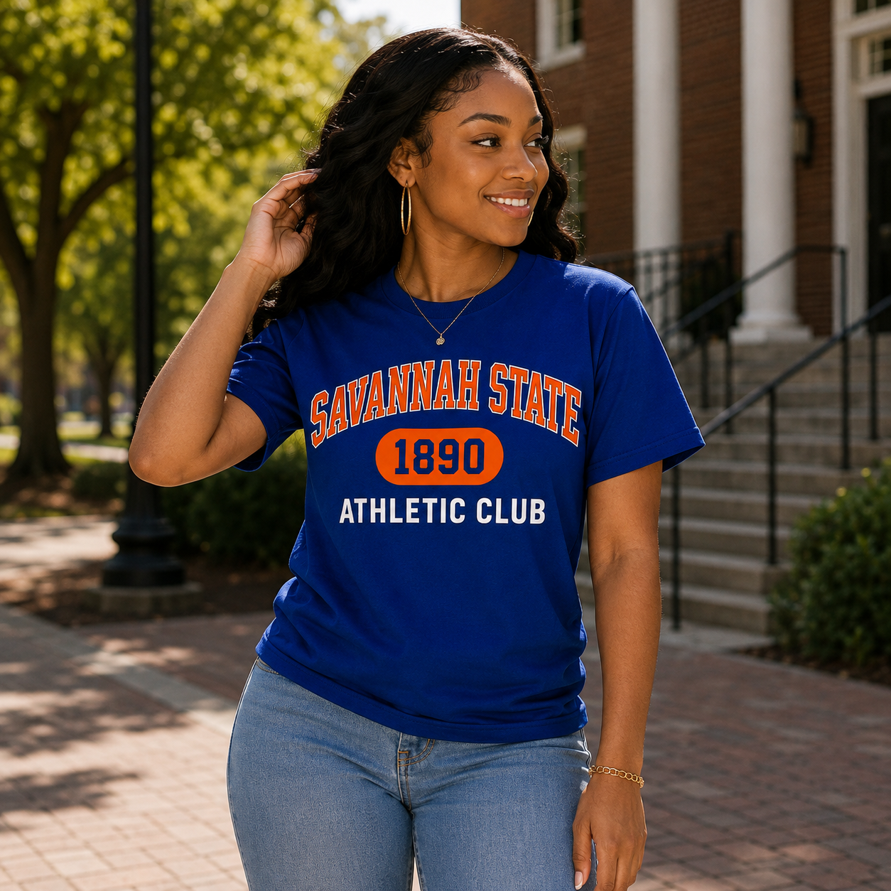 Model wearing the Savannah State 1890 Athletic Club royal blue T-shirt