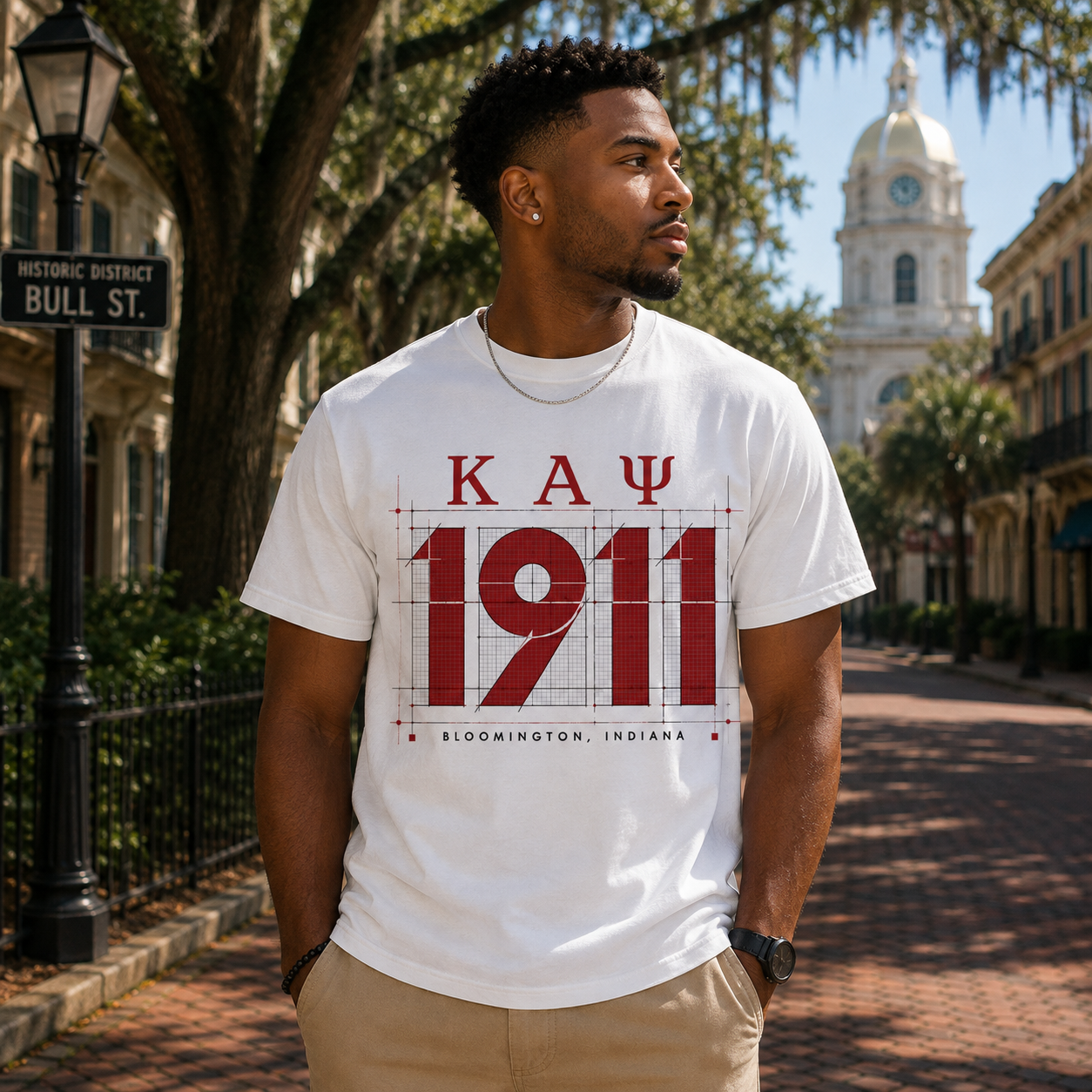 Model wearing the Kappa Alpha Psi 1911 Blueprint white T-shirt with red technical graphic