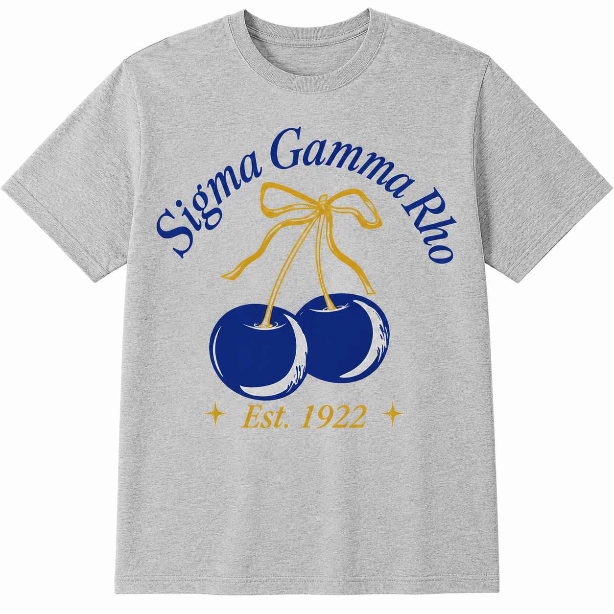 Sigma Gamma Rho heather gray T-shirt with blue cherry graphic, gold bow, and Est. 1922 lettering