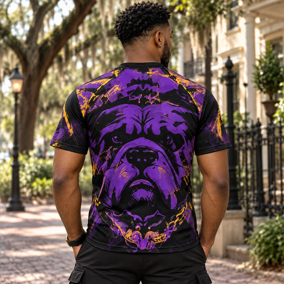 Omega Psi Phi Crowned Bulldog Black Purple & Gold All-Over Shirt