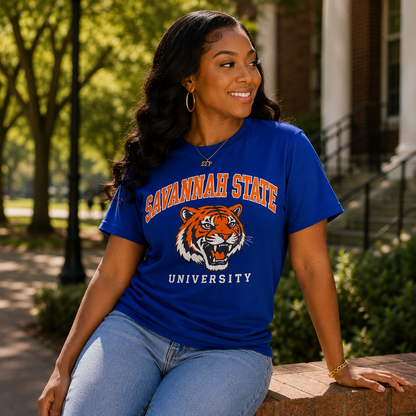 Model wearing the Savannah State Tiger royal blue T-shirt