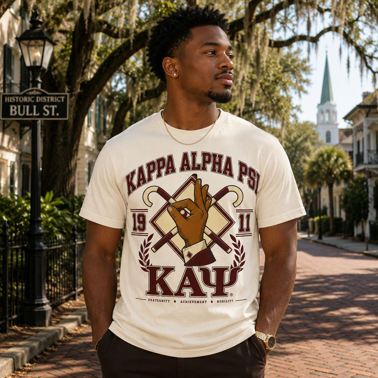 Model wearing the Kappa Alpha Psi Canes and Hand Sign cream T-shirt with maroon collegiate graphic