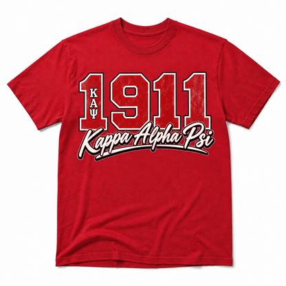 Red Kappa Alpha Psi T-shirt with large distressed 1911 collegiate numbers and cream fraternity script lettering