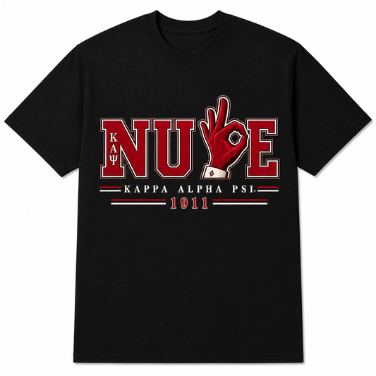 Black Kappa Alpha Psi T-shirt with crimson and cream NUPE lettering, stylized hand sign, K A Ψ, and 1911 details