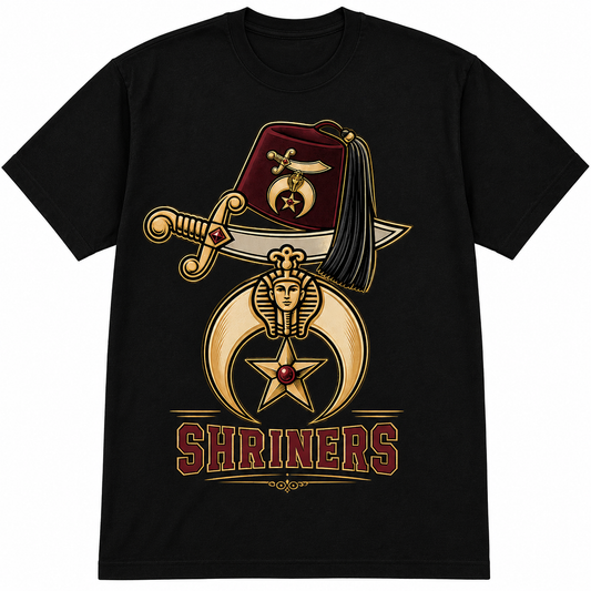 Shriners Noble Legacy black T-shirt with burgundy fez, gold scimitar, crescent and star emblem, Egyptian-inspired figure, and Shriners lettering
