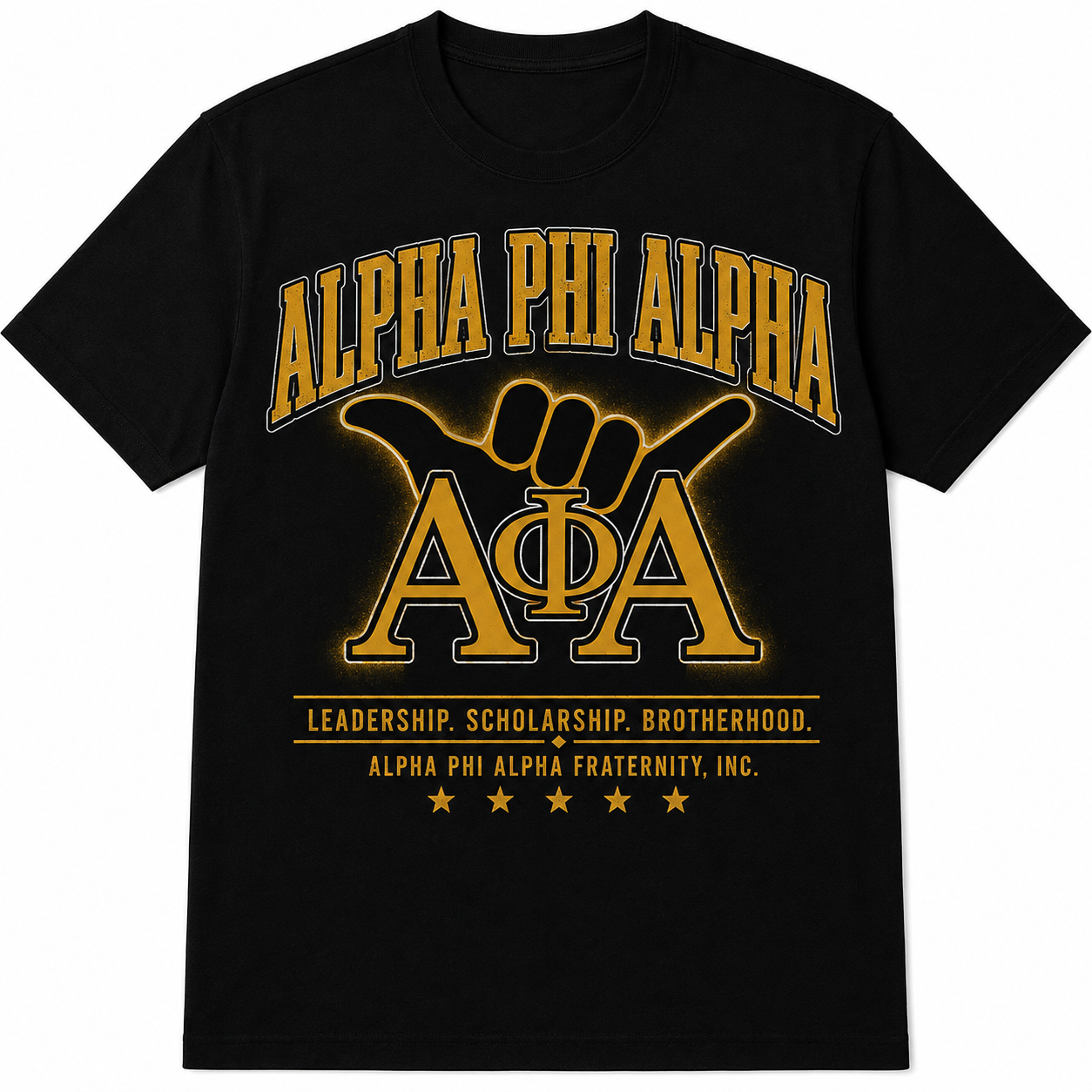 Alpha Phi Alpha Leadership Scholarship Brotherhood black T-shirt with gold ΑΦΑ and hand-sign graphic