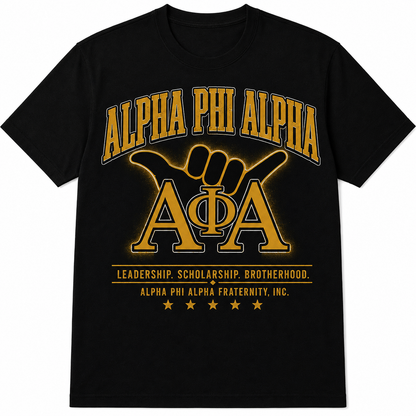 Alpha Phi Alpha Leadership Scholarship Brotherhood black T-shirt with gold ΑΦΑ and hand-sign graphic