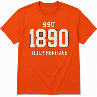 Savannah State SSU 1890 Tiger Heritage orange T-shirt with cream and dark blue varsity graphic