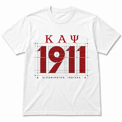 White Kappa Alpha Psi 1911 T-shirt with red K A Ψ lettering, technical blueprint graphic, and Bloomington, Indiana text