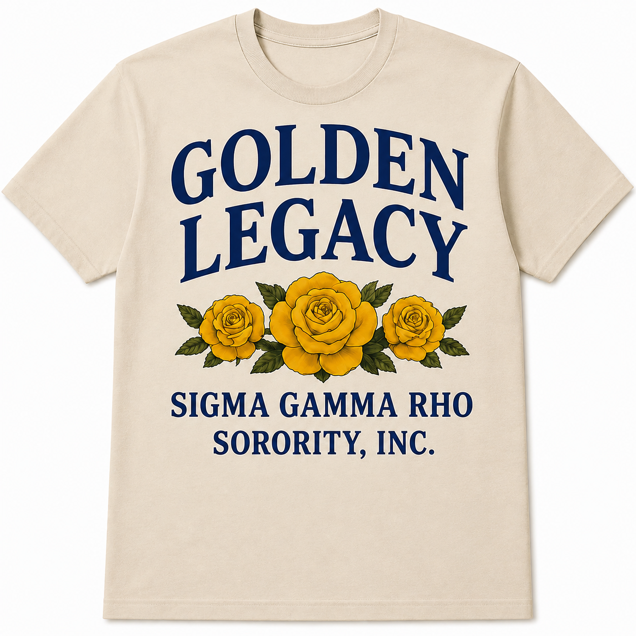 Sigma Gamma Rho Golden Legacy cream T-shirt with navy lettering and three golden roses