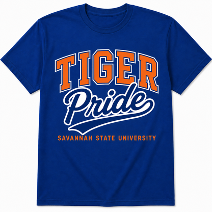Savannah State Tiger Pride royal blue T-shirt with orange varsity lettering and white script