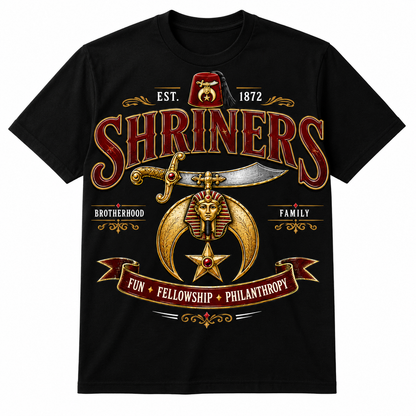 Shriners Heritage Emblem black T-shirt with red and gold SHRINERS graphic, fez, scimitar, crescent, star, and fraternity design