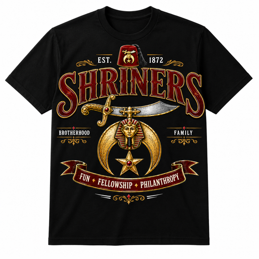 Shriners Heritage Emblem black T-shirt with red and gold SHRINERS graphic, fez, scimitar, crescent, star, and fraternity design