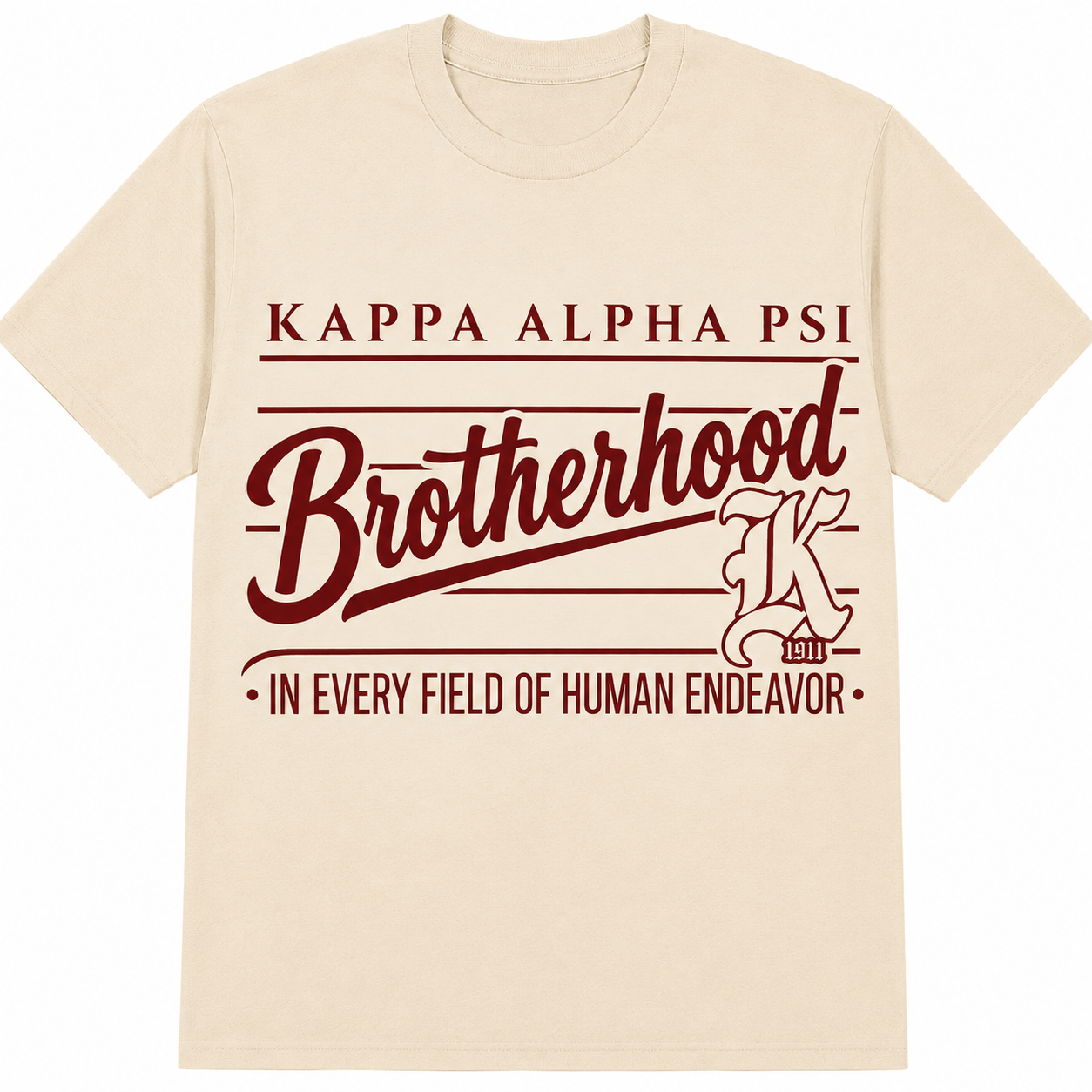 Cream Kappa Alpha Psi T-shirt with maroon Brotherhood script, 1911 emblem, and In Every Field of Human Endeavor text