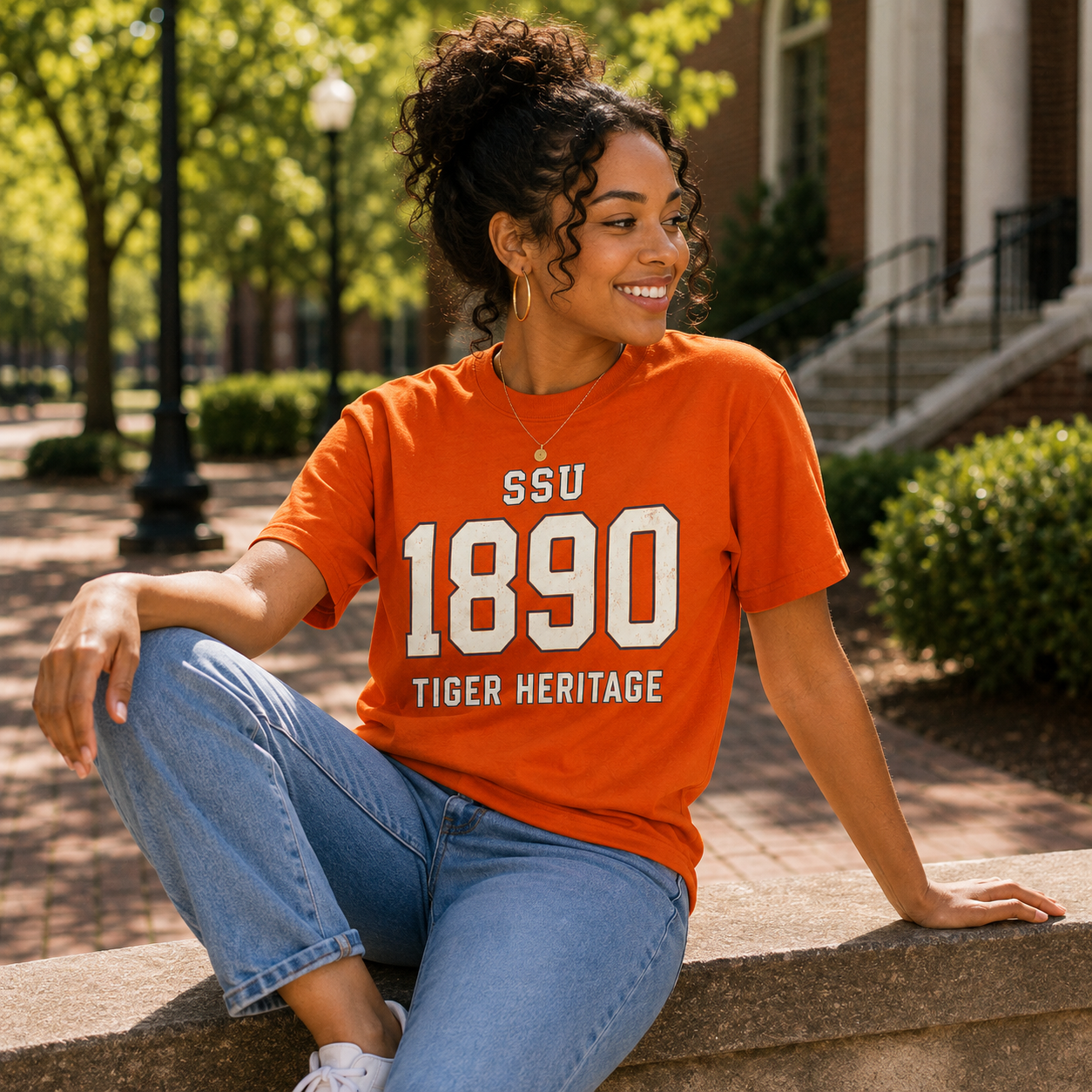 Model wearing the Savannah State 1890 Tiger Heritage orange T-shirt